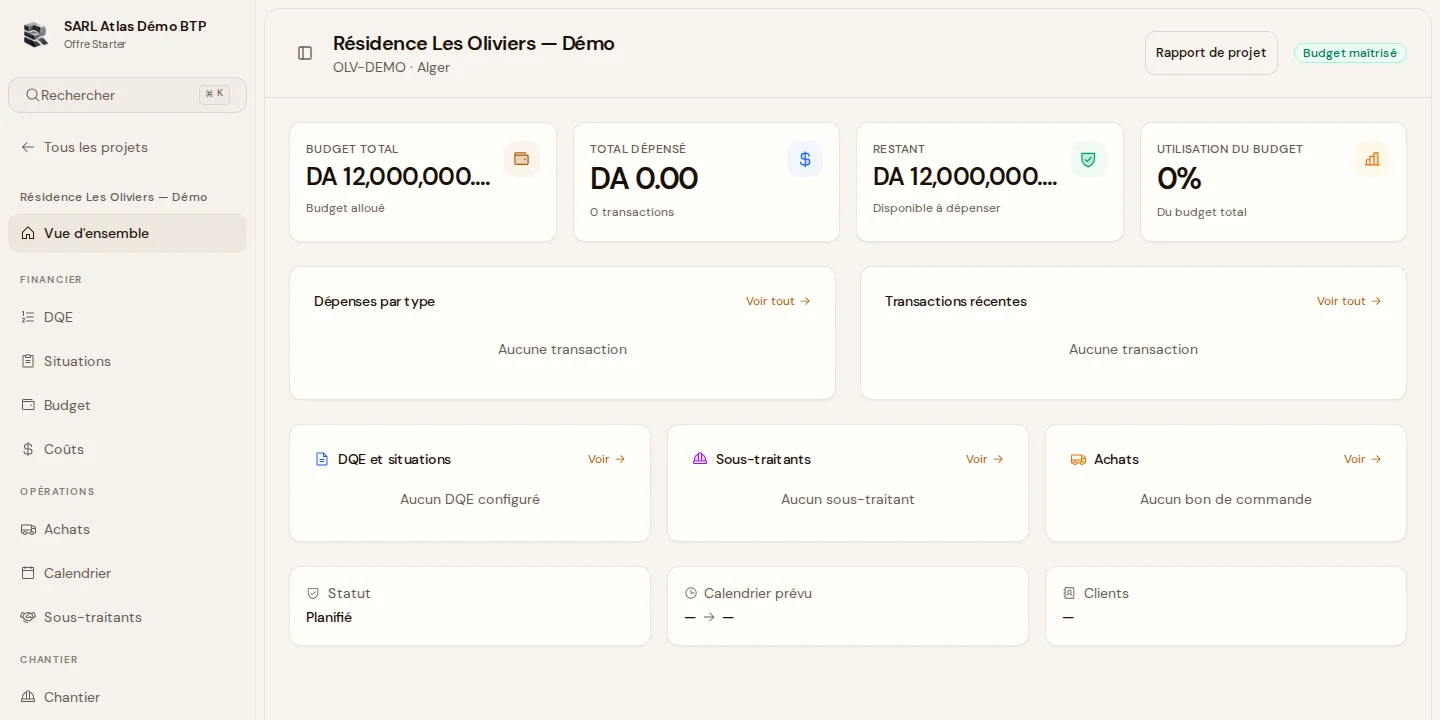 Menu du projet Résidence Les Oliviers avec le retour Tous les projets, le DQE et les situations.